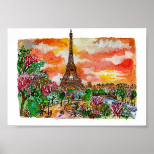 Hand Painted Eiffel Tower Paris Watercolor Art Poster