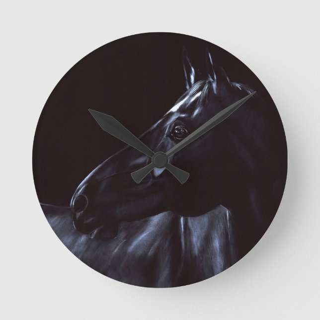 Hand-painted elegant black horse round clock (Front)