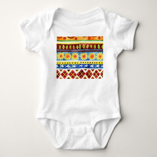Hand Painted Ethnic Watercolor Pattern Baby Bodysuit (Front)