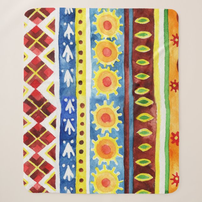 Hand Painted Ethnic Watercolor Pattern Sherpa Blanket (Front)