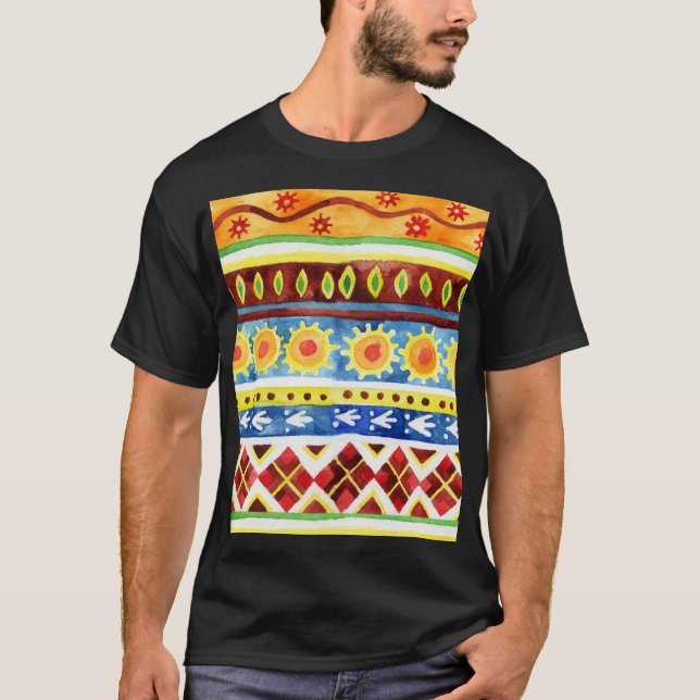 Hand Painted Ethnic Watercolor Pattern T-Shirt (Front)