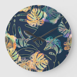 Hand-painted exotic leaves: seamless pattern. large clock