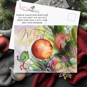 Hand-painted Festive Bird & Mouse  Postcard