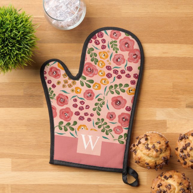  Hand-painted Floral Blush Pink Name Monogram Oven Mitt (Top down)