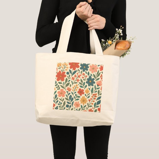 Hand-Painted Floral Pattern – Colourful Botanical  Large Tote Bag (Front (Product))