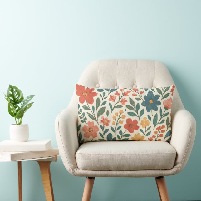Hand-Painted Floral Pattern – Colourful Botanical  Lumbar Cushion (Chair)