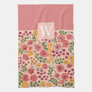 Hand-painted Floral Pink Red Name Monogram Tea Towel