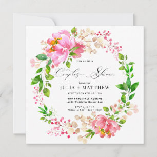 Hand Painted Floral Pink Wreath Couples Shower Invitation