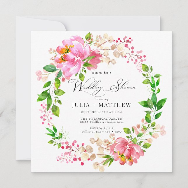  Hand Painted Floral | Pink Wreath Wedding Shower Invitation (Front)