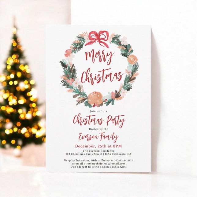 Hand Painted Floral Watercolor Wreath Christmas Invitation (Hand Painted Floral Watercolor Wreath Christmas Invitation)