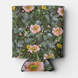 Hand-painted florals: dark watercolor pattern. can cooler