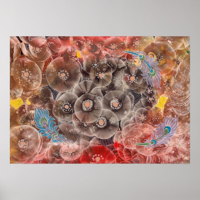 Hand Painted Flowers Art with Peacock Feathers Poster (Front)