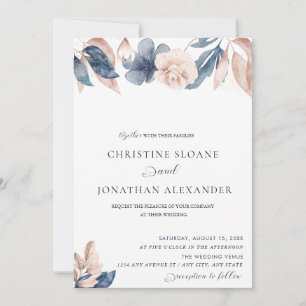 Hand Painted Flowers Blush and Blue Wedding Invitation