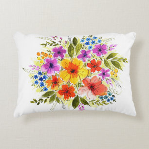 Hand-painted flowers, bright watercolor bouquet. decorative cushion