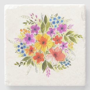 Hand-painted flowers, bright watercolor bouquet. stone coaster