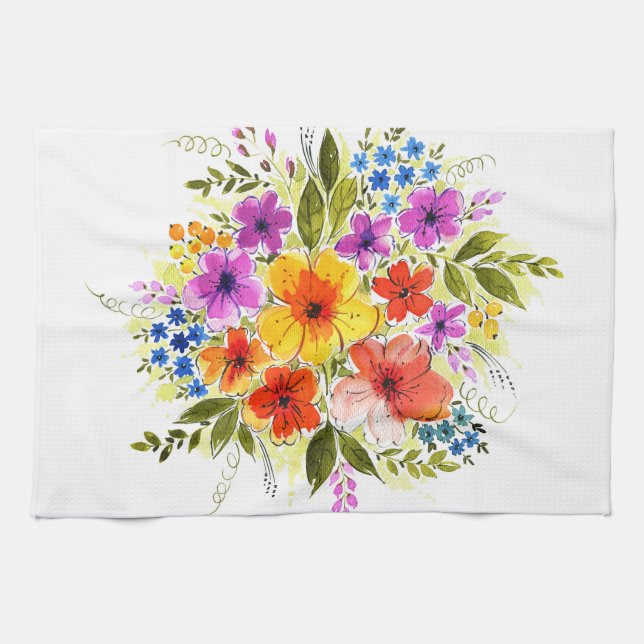 Hand-painted flowers, bright watercolor bouquet. tea towel (Horizontal)