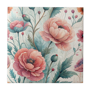 Hand Painted Flowers - Coral & Sage Floral Garden Tile