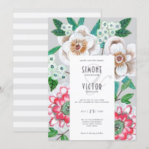 Hand painted flowers green elegant wedding invitation