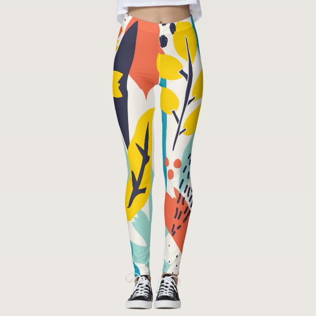 Hand-painted flowers, leaves seamless pattern. leggings (Front)