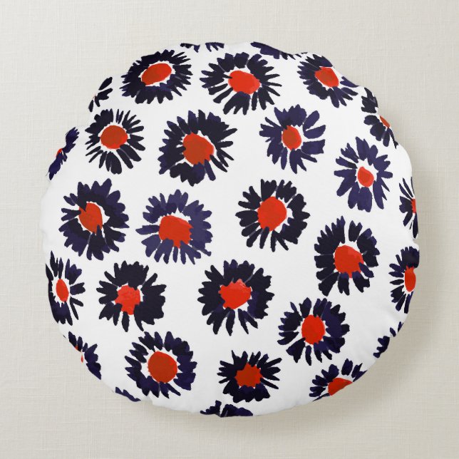 Hand-painted flowers, red and blue pattern. round cushion (Front)