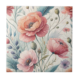 Hand Painted Flowers - Sage & Coral Floral Design Tile