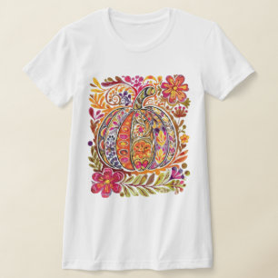 Hand-Painted Folk Art Pumpkin T-Shirt –Rustic Fall