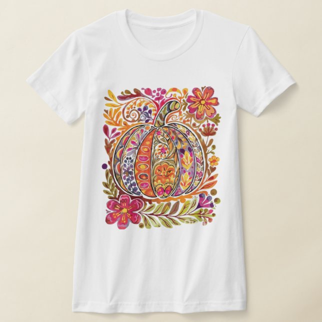 Hand-Painted Folk Art Pumpkin T-Shirt –Rustic Fall (Laydown)