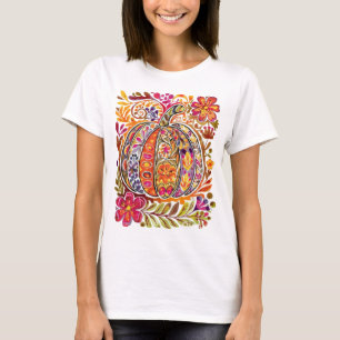 Hand-Painted Folk Art Pumpkin T-Shirt –Rustic Fall