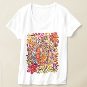 Hand-Painted Folk Art Pumpkin T-Shirt –Rustic Fall