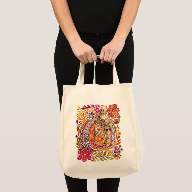 Hand-Painted Folk Art Pumpkin Tote Bag Rustic Fall (Front (Product))