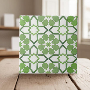 Hand painted geometric green moroccan ethnic tile
