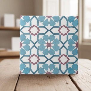 Hand painted geometric teal blue moroccan ethnic tile
