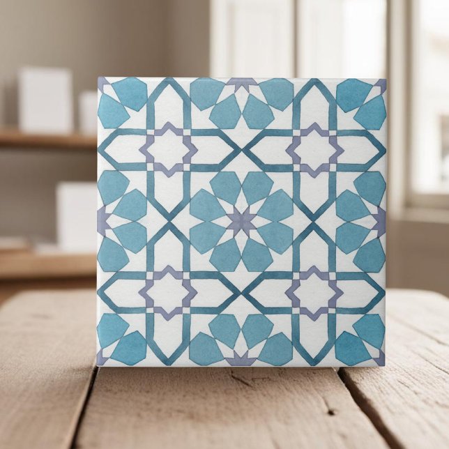 Hand painted geometric teal blue moroccan ethnic tile (Creator Uploaded)