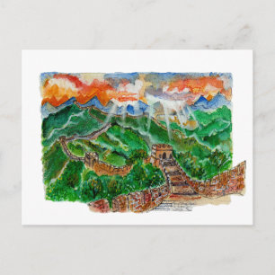 Hand Painted Great Wall of China Watercolor Art Postcard