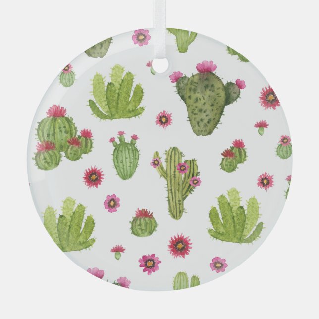 Hand Painted Green Cactus Pattern Glass Tree Decoration (Front)