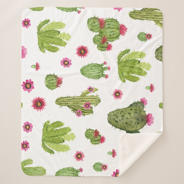 Hand Painted Green Cactus Pattern Sherpa Blanket (Front)