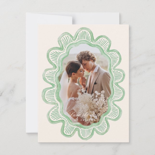 Hand-painted green scalloped oval photo frame  (Front)
