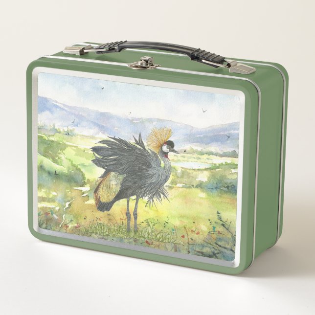 Hand-Painted Grey Crowned Crane Metal Lunch Box (Front)
