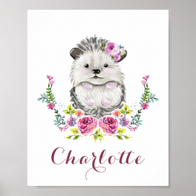 Hand painted Hedgehog Personalised floral Poster (Front)