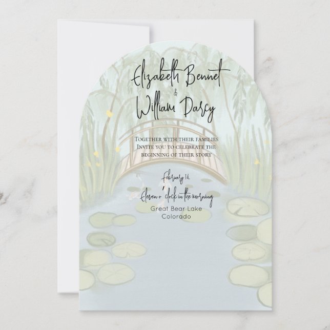 Hand painted illustrated Lilypads Wedding Invitation (Front)