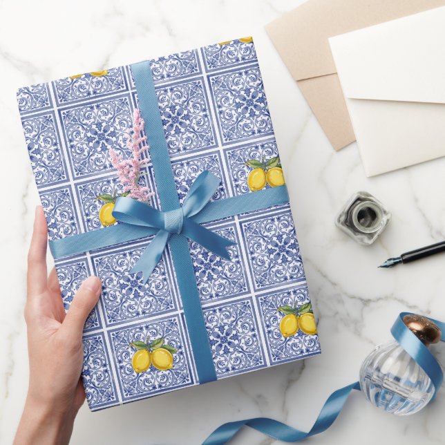 Hand-painted Italian tiles Amalfi blue & lemons Wrapping Paper (Gifting)