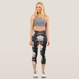 Hand-painted jellyfish, vibrant vintage pattern. capri leggings