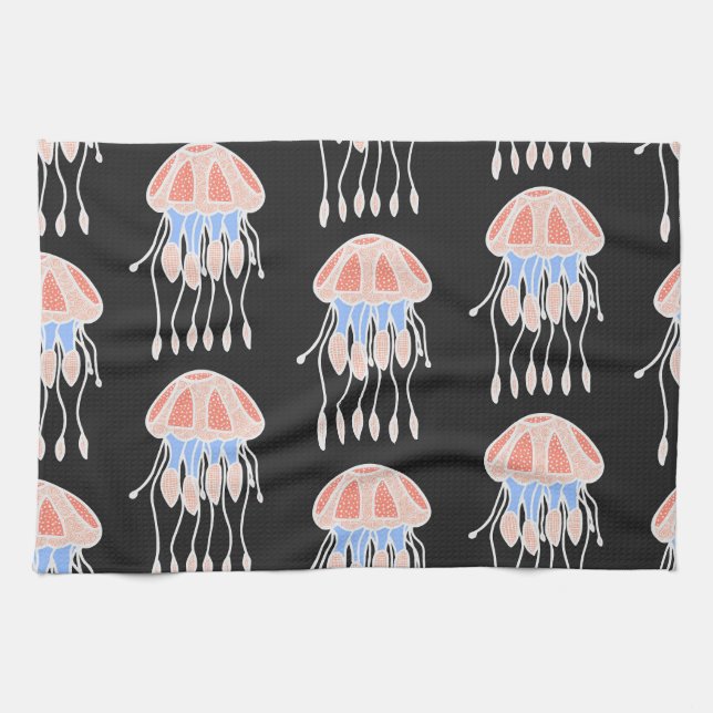 Hand-painted jellyfish, vibrant vintage pattern. tea towel (Horizontal)