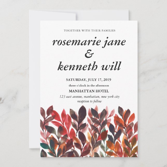 Hand painted leaves Wedding Invitation (Front)