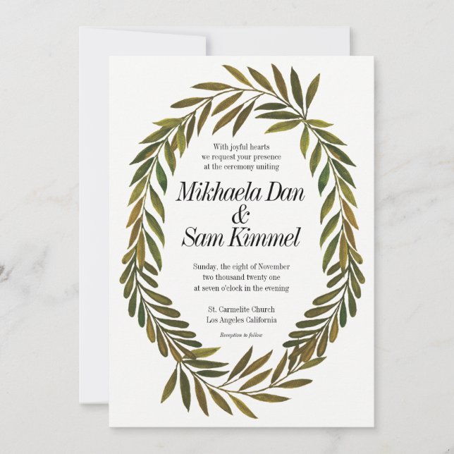 Hand painted Leaves Wedding Invitation (Front)