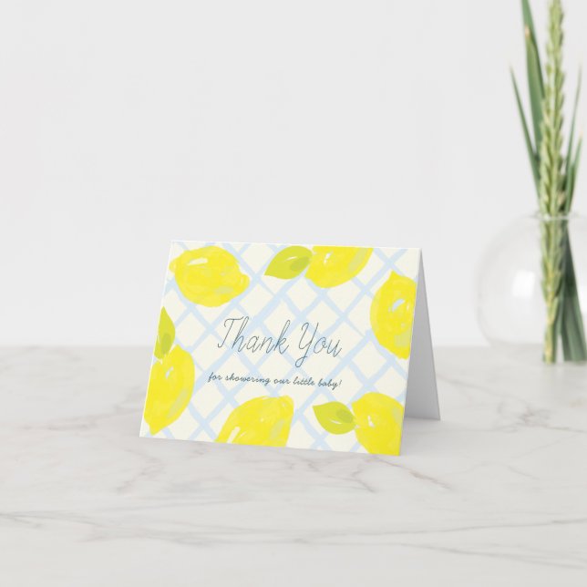 Hand-Painted Lemon Blue Checks Baby Shower Thank You Card (Front)