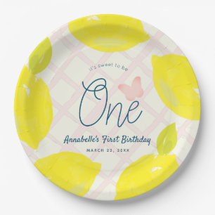 Hand Painted Lemon & Pink Check 1st Birthday Paper Plate
