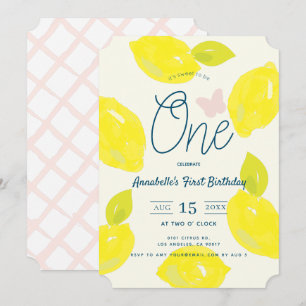 Hand Painted Lemon & Pink Check First Birthday Invitation