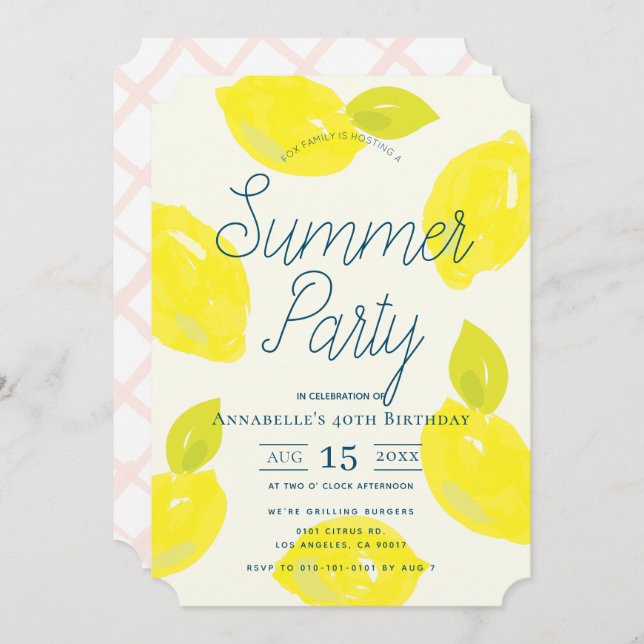 Hand Painted Lemon Pink Summer Birthday Invitation (Front/Back)