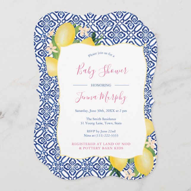 Hand Painted Lemons Cobalt Blue White Baby Shower Invitation (Front/Back)